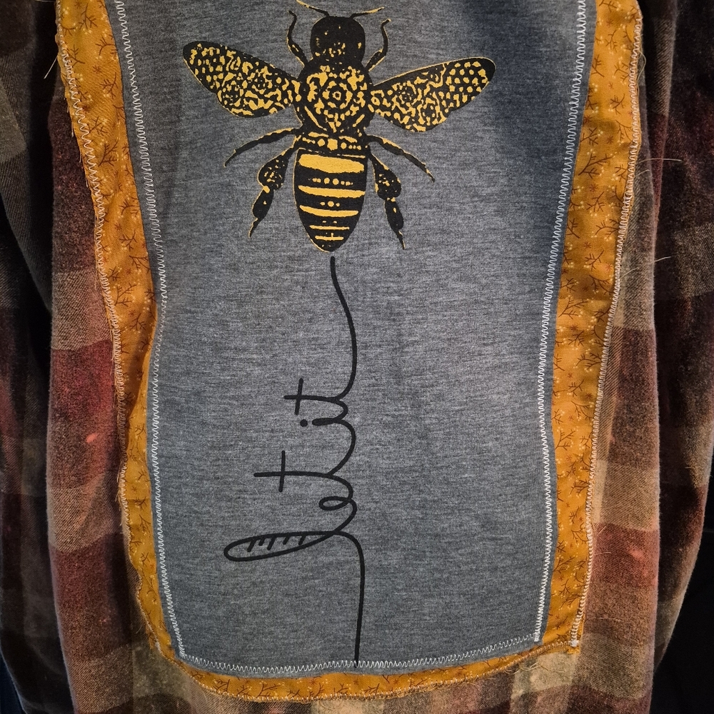 Upcycled Bleached And Distressed Flannel with Handmade Bee Patch Let It Bee - Picture 4 of 8